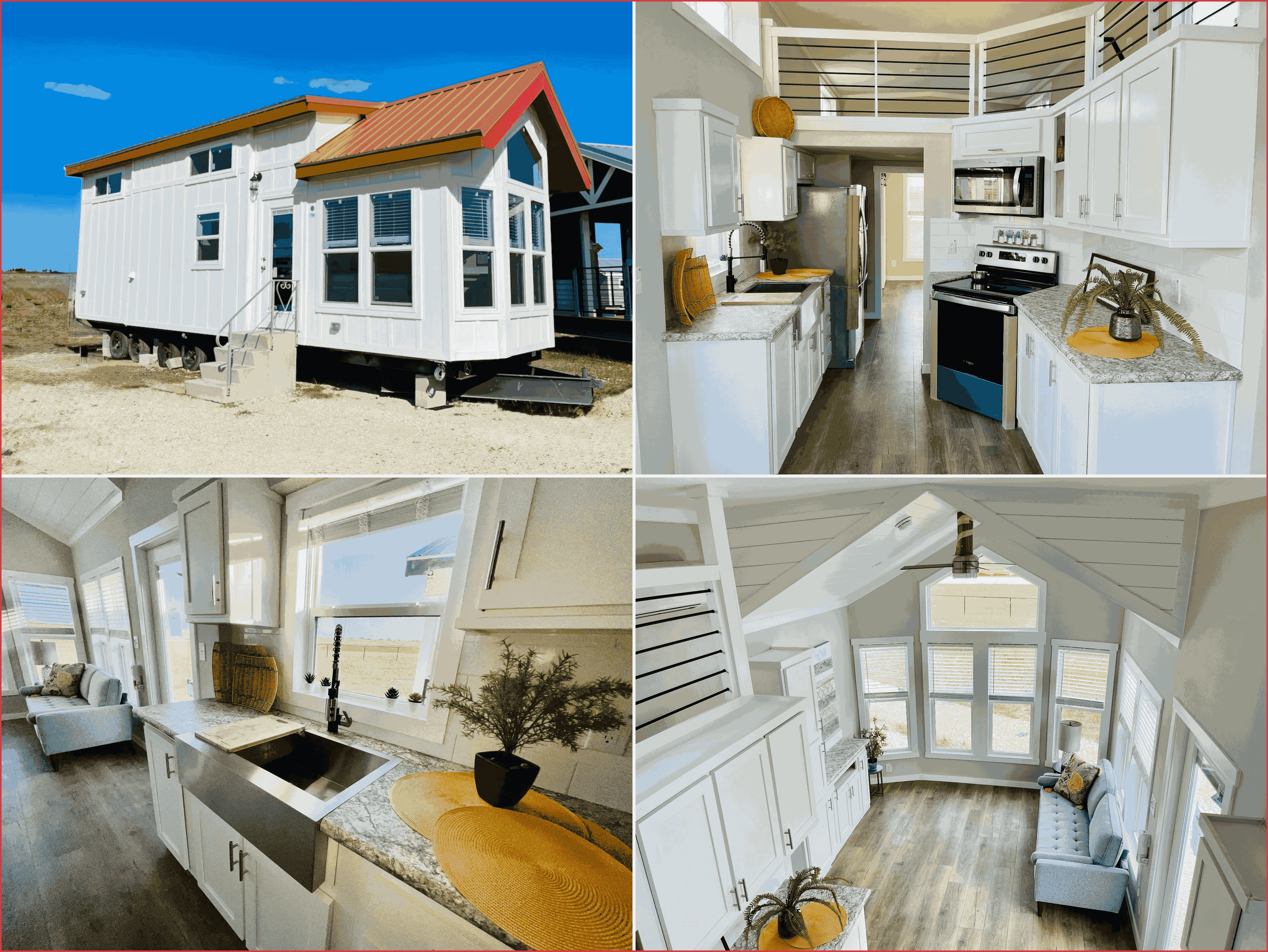 Collage of a summit tiny athens park model homes exterior interior living area bedroom and bathroom available at Village Tiny Homes Austin